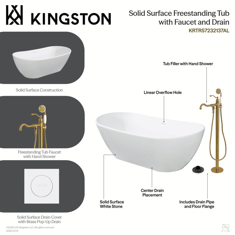 Kingston Brass Arcticstone 72-Inch Solid Surface Oval Double Ended Freestanding Tub With Faucet Combo And Drain