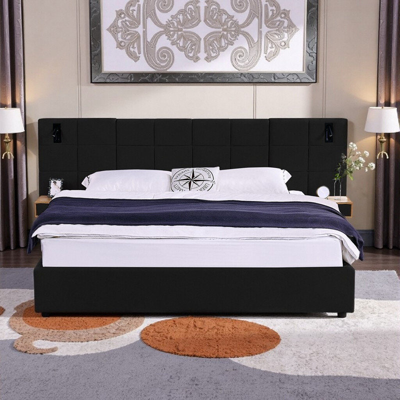 Très grand lit de rangement très grand avec tête de lit à DEL et charge USB, lit plateforme tapissier en velours