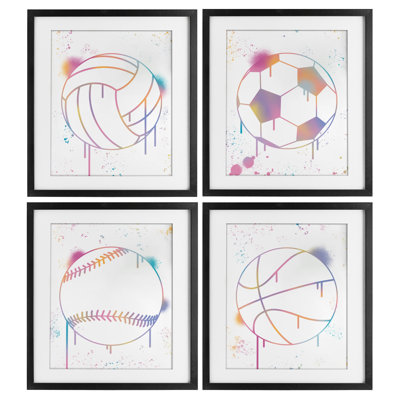 Modern Graffiti Sports Balls 4pc Framed Print Under Glass Set, design by Marcus Prime