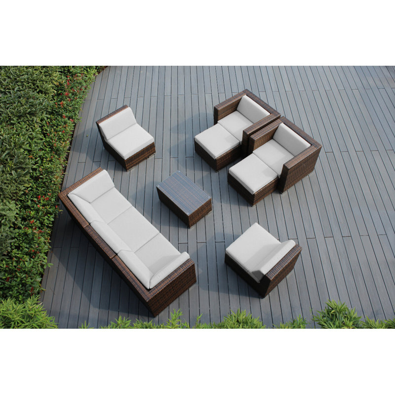Kiara Wicker 7 - Person Seating Group with Cushions - No Assembly, Canvas Natural Sunbrella® Canvas, Mixed Brown