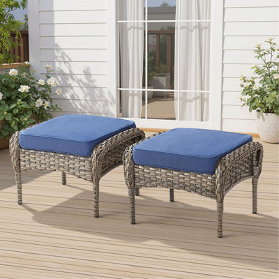 Outdoor PE Wicker Ottomans Set Of 2, Patio Rattan Footrests With Cushion For Backyard Or Deck