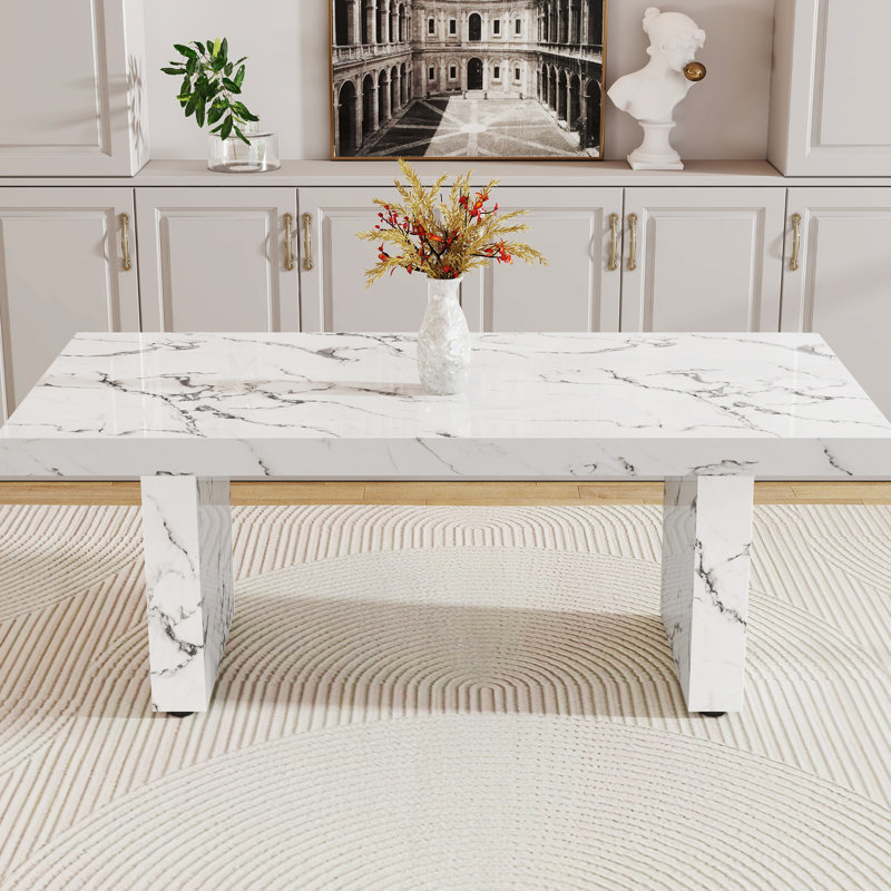 White Dining Table Featuring Marble Pattern, Suitable For 8 - 10 People And As A Computer Workbench, Safe, Fits Kitchen Patio Pattern Table, Multi Functional Office Discussions