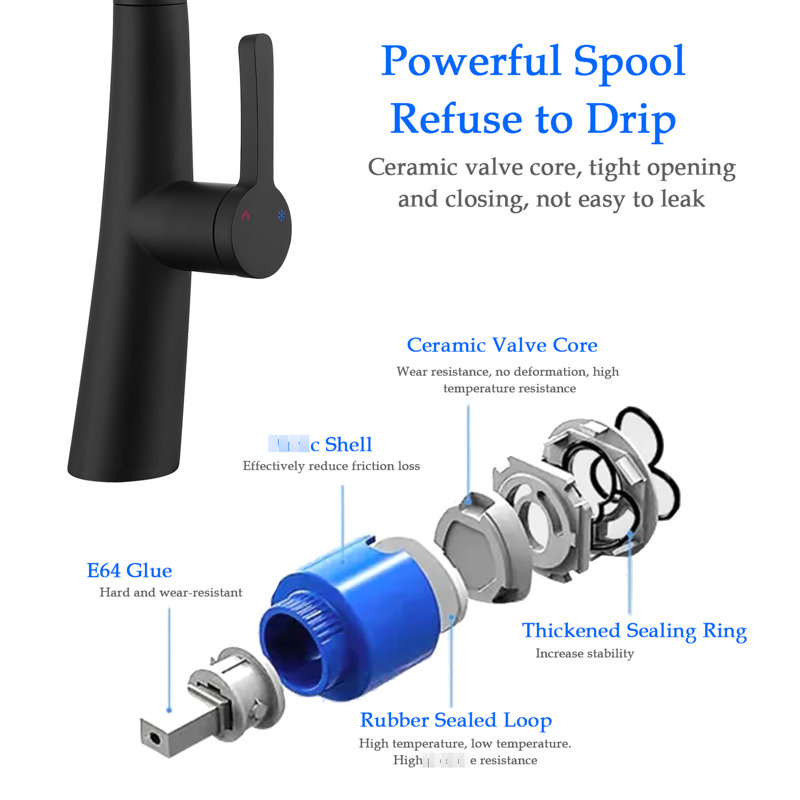 304 Stainless Steel Pull Down Kitchen Faucet, Matte Black, High Arch Spout, Stream And Spray, Scale Nozzles Black Out Steel, 1.5 Gpm Flow Rate, Finger Touch Clean