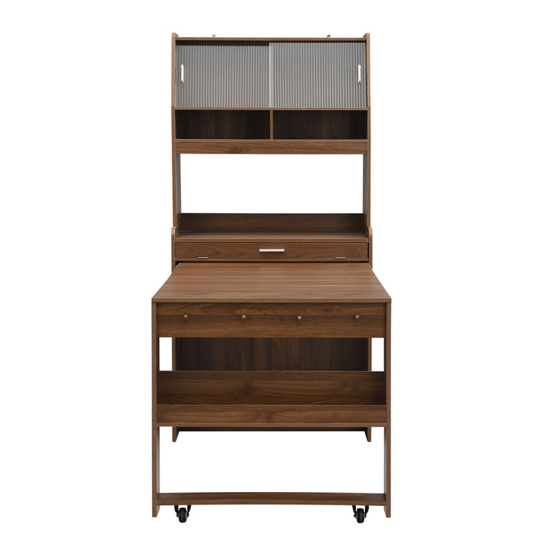 Buffet compact 33,5 x 15,7 x 69 pouces avec huche et table de salle à manger pliable, armoire multifonctionnelle avec tablette de rangement et crochets latéraux pour petits espaces, studio, appartement