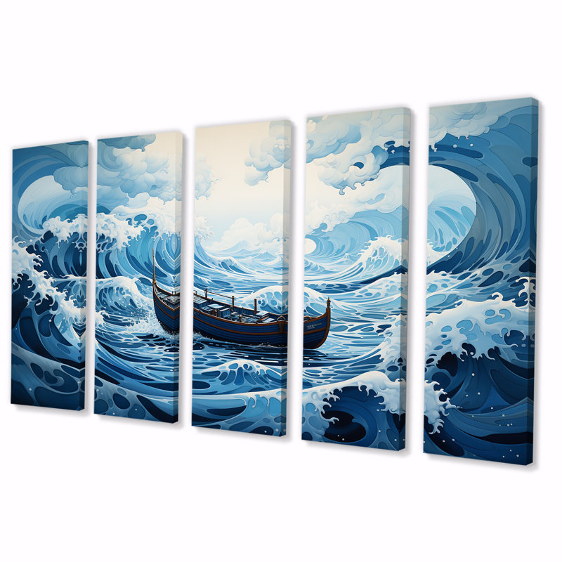 Décoration murale 5 pièces bleu surréel - bateau côtier, H 28 po x l 60 po