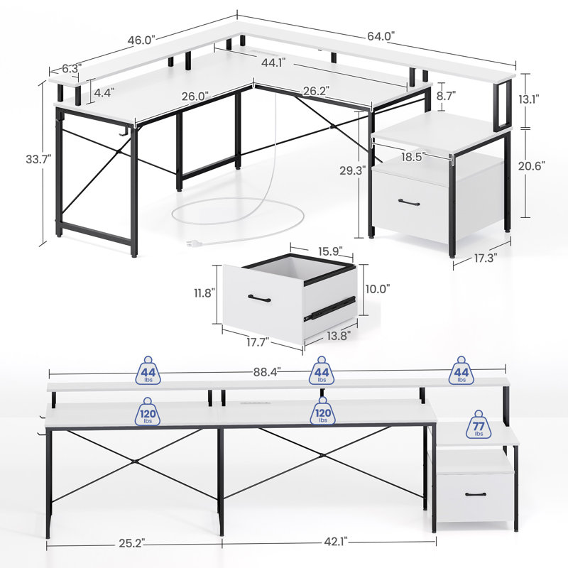 Bureau en L avec tiroir classeur, bureau d'ordinateur réversible avec prises de courant et lumières DEL, Blanc