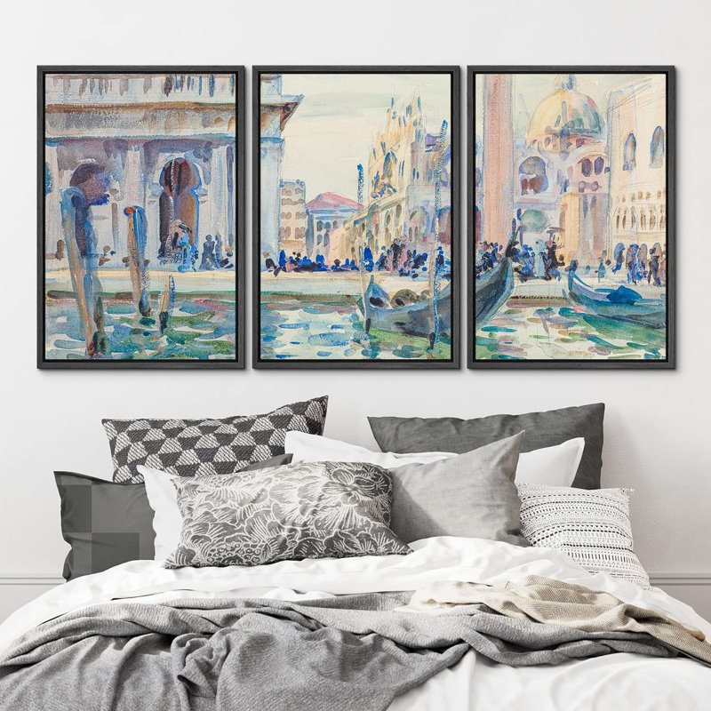 Aquarelle, gondole italienne de Venise, 3 pièces, Noir, H 36 po x l 24 po x P 1,5 po