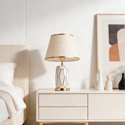 Fabric Drum Table Lamp Modern Ceramic Base Bedside Desk Lamp For Bedroom Living Room