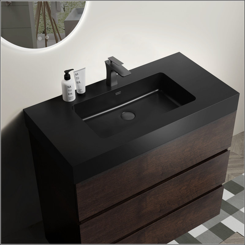 Meuble-lavabo autoportant avec grand lavabo et rangement, Noyer