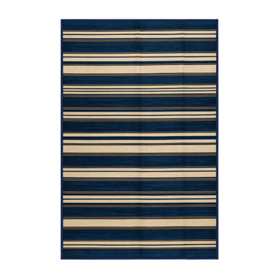 Washable Deep Blue Cream Striped Area Rug