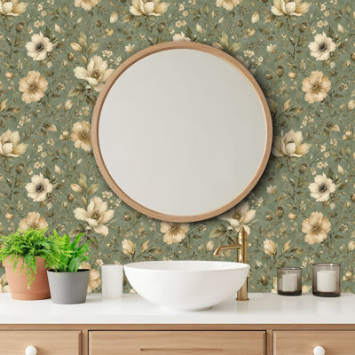 Peel and Stick Wallpaper Contact Paper Vintage Beige Roses Floral Green Self Adhesive and Removable 24in x 118in(60x300cm)