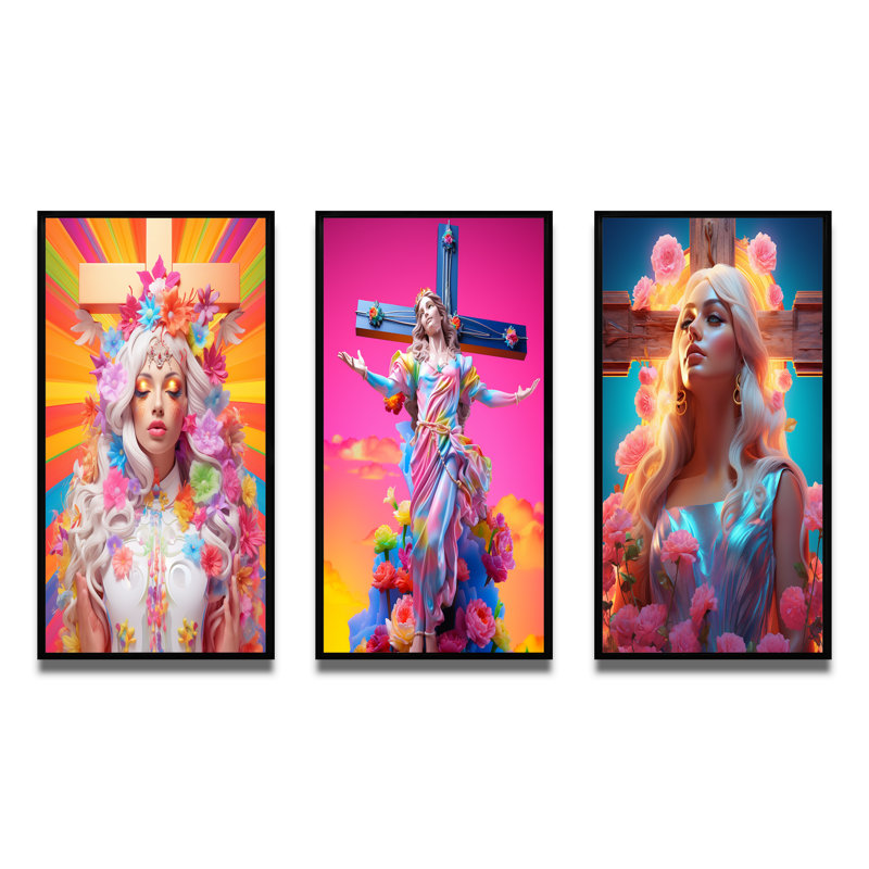 «Barbie Jesus Vibrant Rainbow Colors III», 3 pièces, Cadre flottant noir, H 60 po x l 40 po