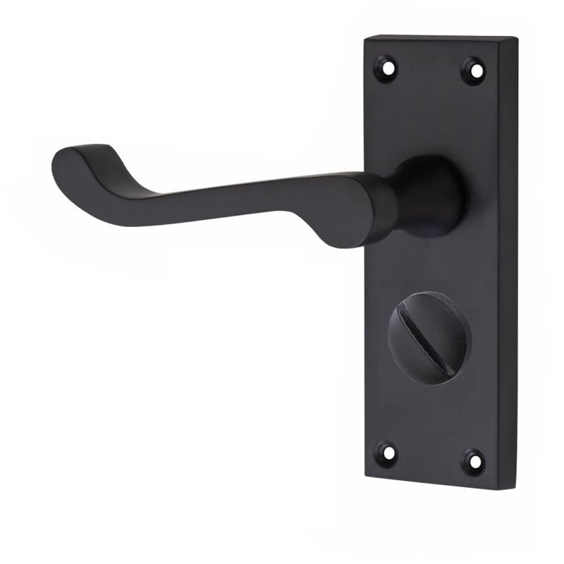  Victorian Scroll Privacy Door Handle in Matt Black Finish with 3" Ball Bearing Hinges & 2.5" Tubular Latch - 120mm x 40mm Backplate