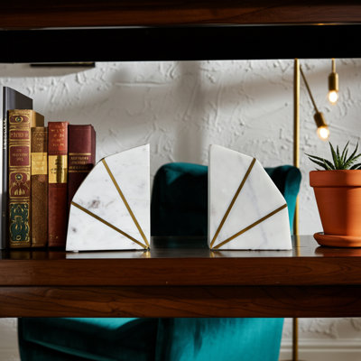 Serre-livres en marqueterie de marbre et de laiton - Serre-livres décoratifs pour la maison et décor de tablette - Décoration moderne pour étagère de bibliothèque et de bureau - 5,5 po, blanc et or