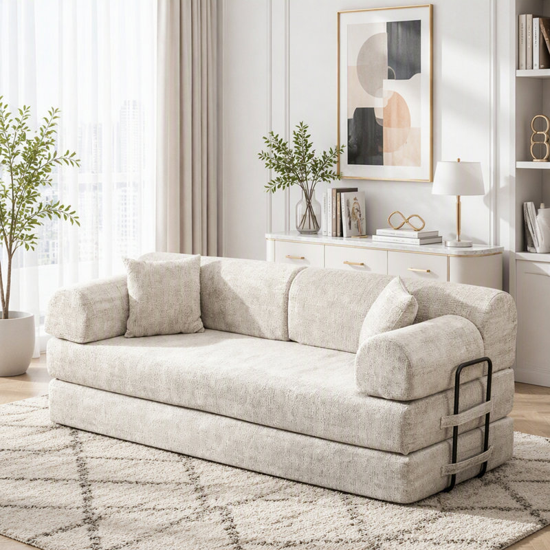 Canapé-lit convertible avec tissu bouclé bicolore, structure de forme fixe et design multifonctionnel pour les espaces de vie modernes