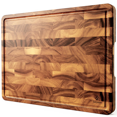 End Grain Cutting Board for Kitchen with Non-slip Feet, 20" Acacia Wood Heavy Duty Checkered Cutting Board, Chopping Board with Juice Groove & Handle, Large Wooden Butcher Block with Gift Box
