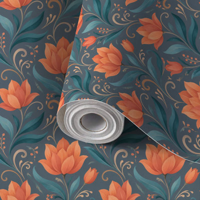 Papier auto-adhésif à peler et à coller avec motif floral orange transparent, feuilles et ardoise auto-adhésives et amovibles 17,7 po x 118 po (45 x 300 cm)