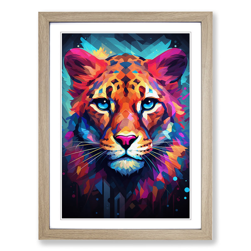 Cheetah Geometric No.3 - Single Picture Frame Print on Wood, 34cm H x 25cm W x 2cm D, Oak Framed