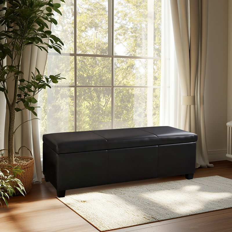 Rangement/repose-pieds rembourré rectangulaire de 46,85 po de largeur Aiyahna, Similicuir noir