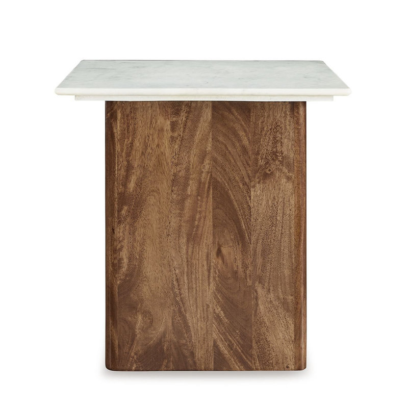 Light Brown and White Mango Wood End Table with Marble Top