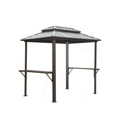 Grill Gazebo 8' × 6', Aluminum BBQ Gazebo Outdoor Metal Frame With Shelves Serving Tables, Permanent Double Roof Hard Top Gazebos For Patio Lawn Deck Backyard And Garden (Brown)