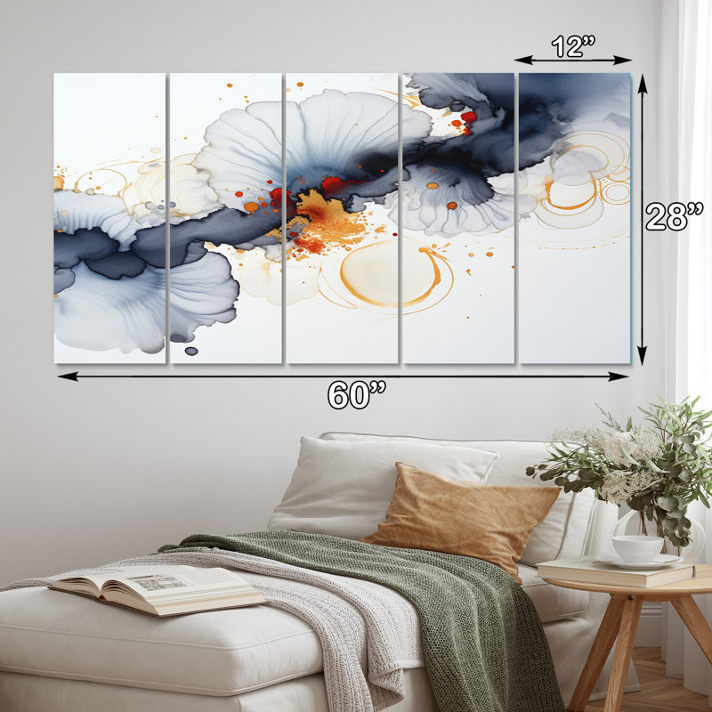 Miroir abstrait encre nuage tactile IV - art mural abstrait salon - 5 panneaux égaux