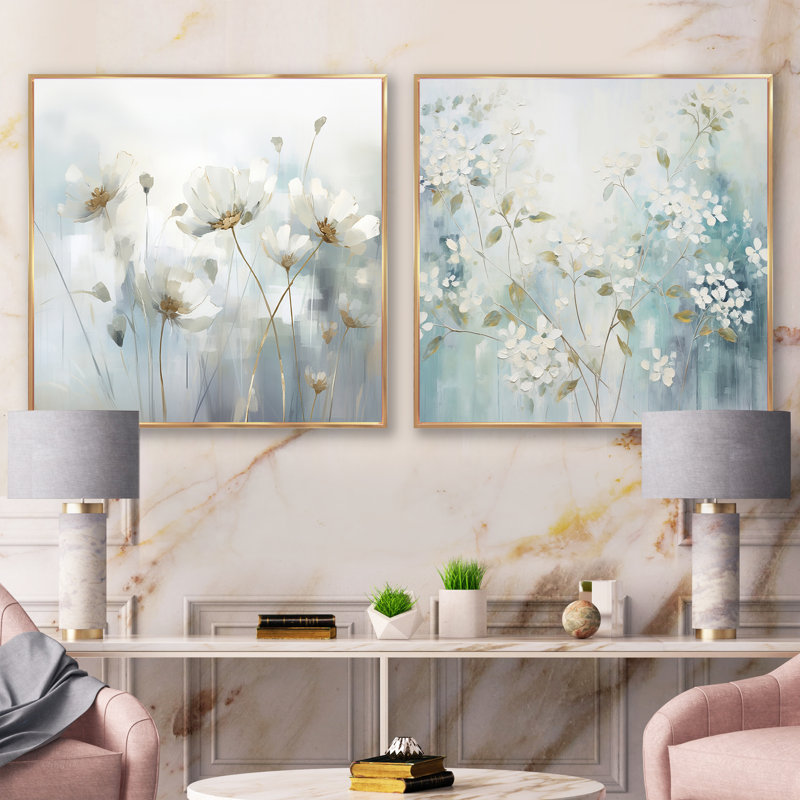 Green Beige Serene Meadows - ensemble de 2 collages carrés botaniques abstraits, H 16 po x l 33 po, Cadre flottant doré