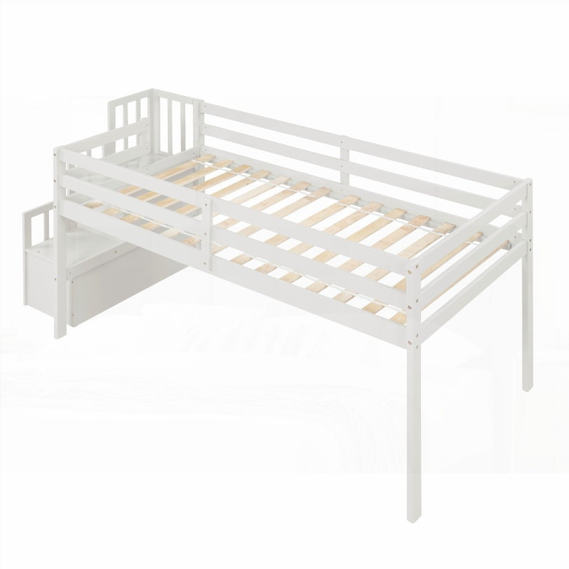 Lit mezzanine simple avec escalier, aucun sommier nécessaire, robuste et amp; Durable, Blanc
