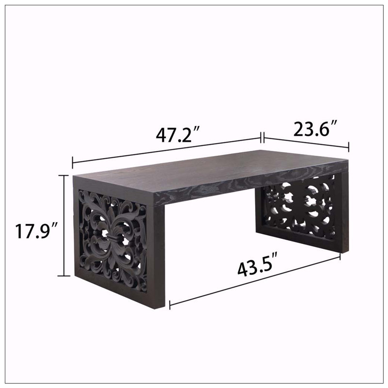 47.2" Rustic Carved Wood Coffee Table, Black