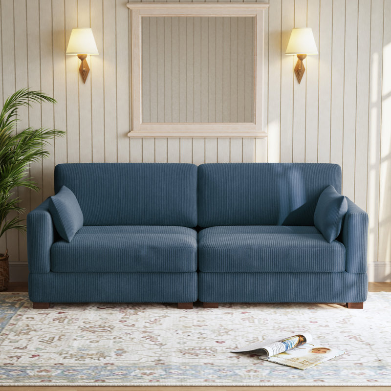 Bentura Upholstered Corduroy Modular Sofa with Pillow Back and Solid Wood Legs, Navy