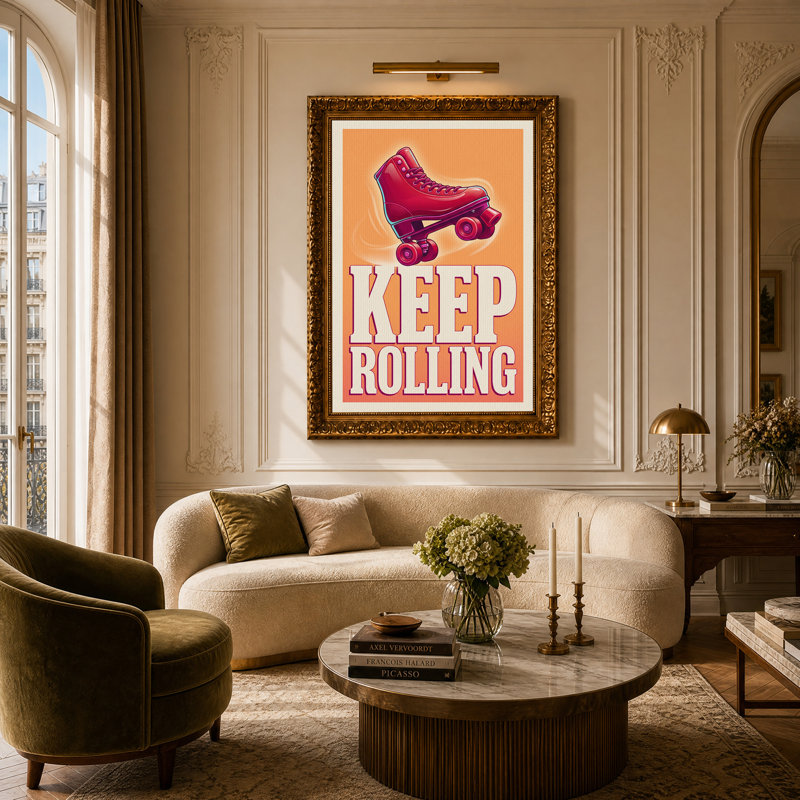 «Red Roller Skate», art textuel sur toile orange, H 24 po x l 16 po