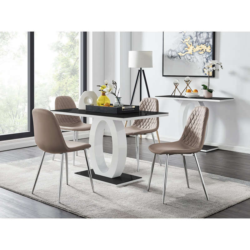 Scottsmoor Modern High Gloss Halo 6 Seater Dining Table Set with Luxury Faux Leather Dining Chairs, Cappuccino/Silver
