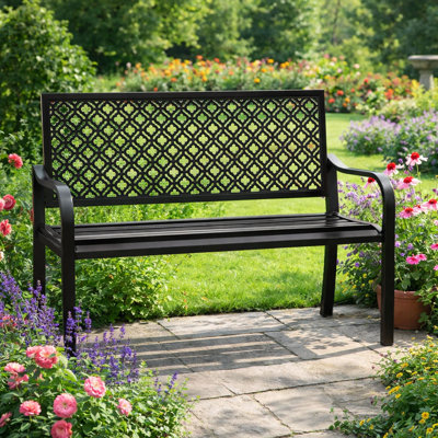 Banc de jardin extérieur en métal avec dossier floral pour la cour, le jardin et le porche