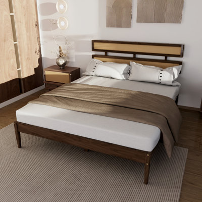 Solid Wood Queen  Bed Frame Platform Bedframe With Rattan Headboard