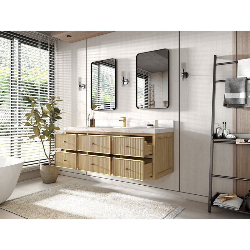 Sonoma Floating Teak 60'' Single Bathroom Vanity with Quartz Top, Calacatta Laza