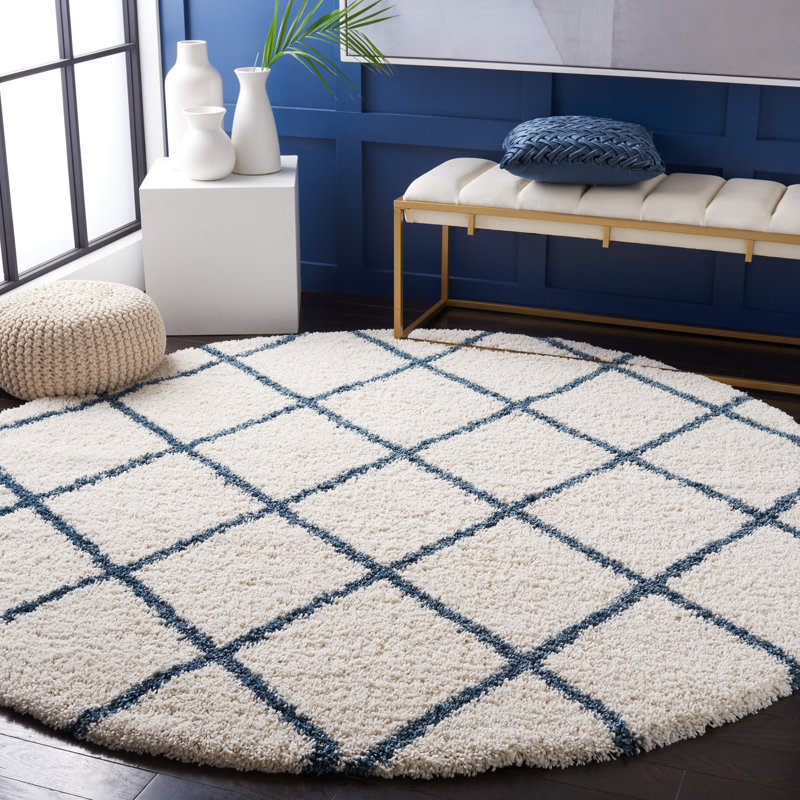 Feltner Geometric Ivory/Slate Blue Area Rug, Round 7'