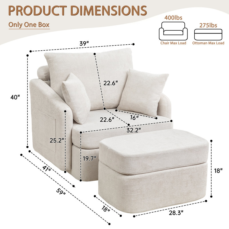 Fauteuil d'appoint pivotant en chenille de 39 po de largeur avec repose-pieds à compression pour le salon et 2 coussins, 1