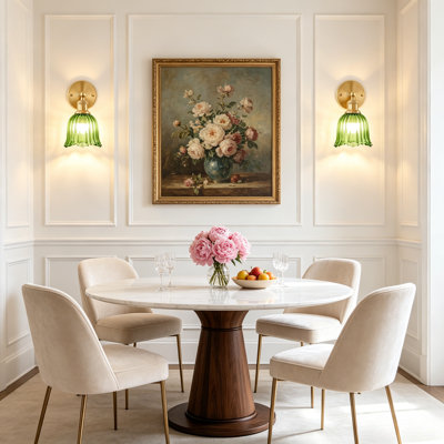 Ensemble de 2 appliques murales rechargeables à DEL avec télécommande, lumière sans fil à piles avec abat-jour en verre fleur nervuré vert, 12 couleurs RVB à intensité variable 3000K-6000K, ampoules incluses