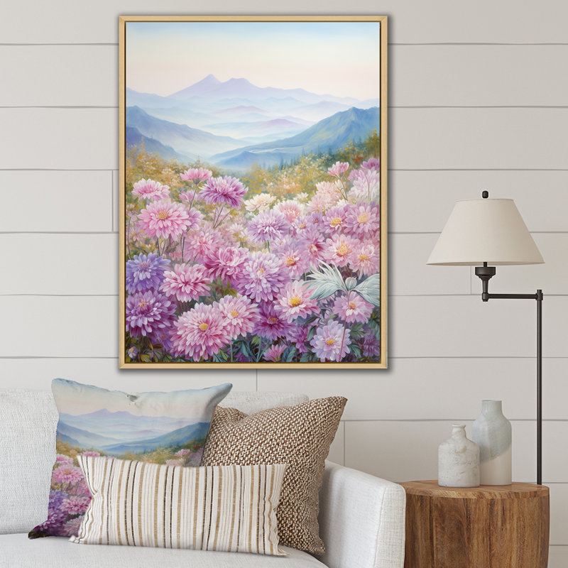 "Pink Chrysanthemums On Hill I", reproduction d'art sur toile, Cadre naturel flottant, H 32 po x l 16 po x P 1 po