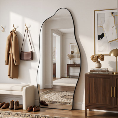 Miroir sur pied asymétrique pleine longueur avec support, miroir suspendu/inclinable en forme de nuage ondulé, idéal pour chambre, salon ou entrée.