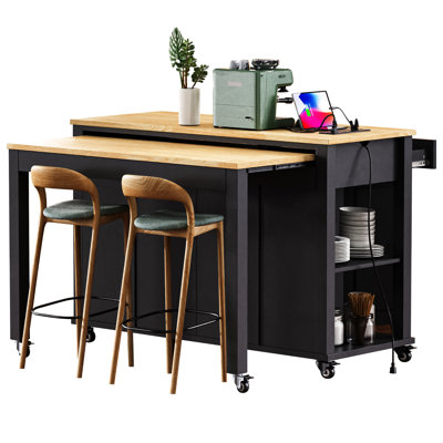 47 - Inch Extendable Kitchen Island With Rubber Wood Veneer, Storage Compartments, Power Outlet, Soft Close Hinges, For Meal Preparation Black Veneer Internal Rack, 13.8"X41.7" Table, 6+2 Wheels,