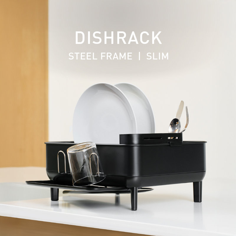 simplehuman Compact Kitchen Dish Drying Rack with Swivel Spout, Fingerprint-Proof Stainless Steel Frame, Black Steel/Black