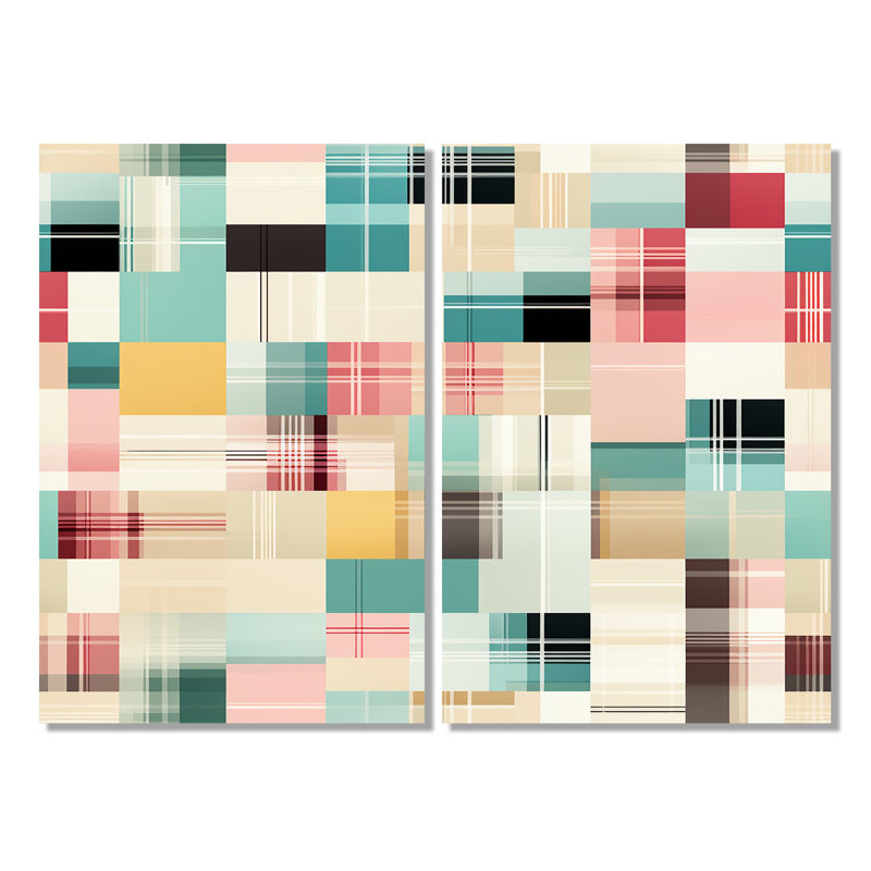 Motif rétro à carreaux pastel 2 pièces, H 36 po x l 48 po, Toile tendue sur cadre, Ne s’applique pas
