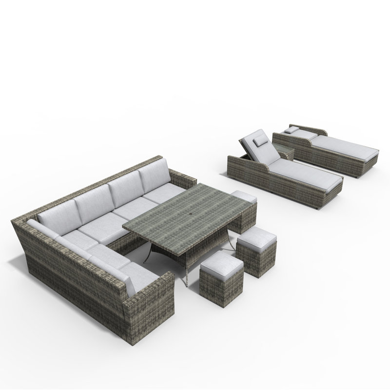 Ensemble de conversation modulaire en rotin 11 pièces avec coussins, Gris
