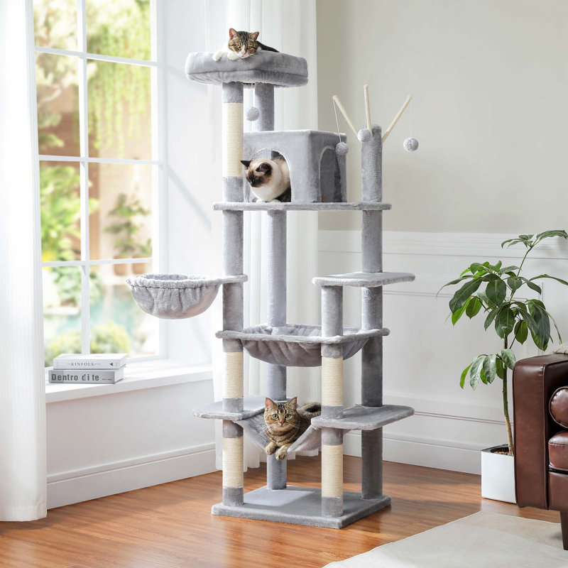 Arbre à chat pour gros chats avec super grand hamac, tour d'escalade, poteaux à griffer, maisonnette et grand perchoir supérieur