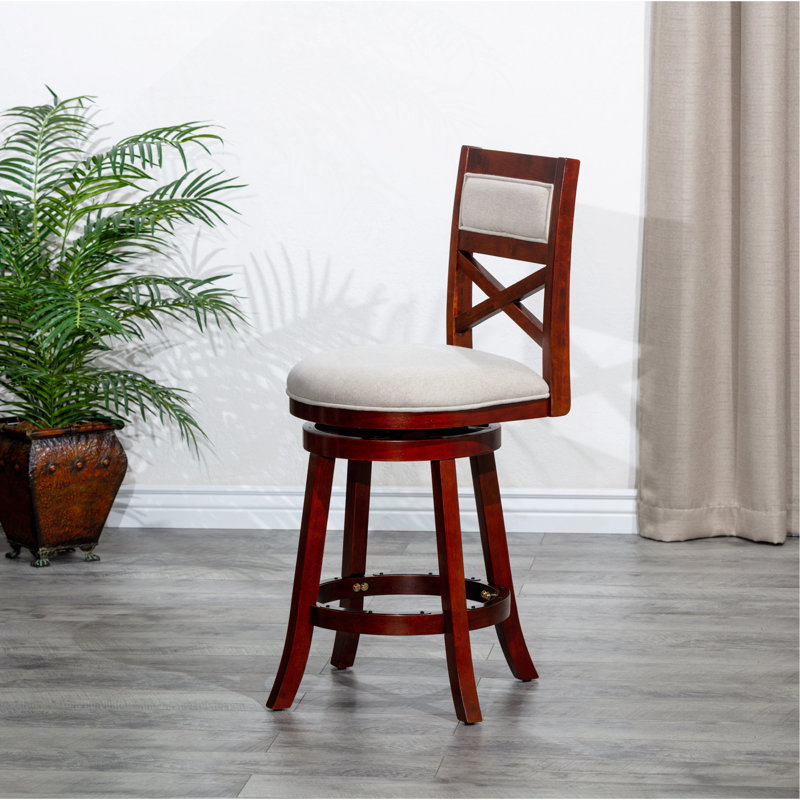 30" Bar Height X-Back Swivel Stool, Cherry Finish, Beige Fabric Seat, Beige, Cherry