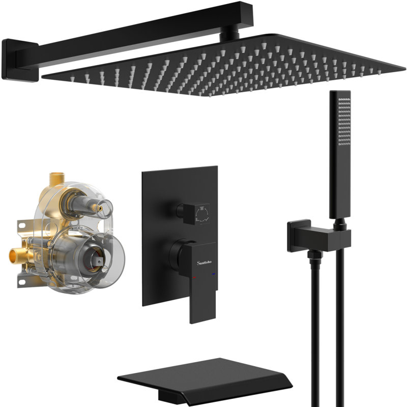 Ensemble de robinet de douche mâle NPT, robinet de baignoire cascade avec système de pomme de douche à pluie noir mat de 12 pouces