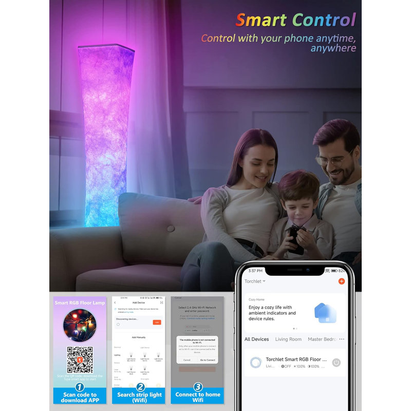 RGB Led Smart Lamp Alexa APP Control, Colour Changing Modern Floor Standing Lamp With DIY Mode, Music Sync And White Fabric Shade For Living Room Bedroom Game Room
