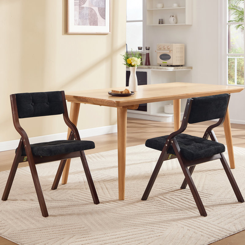 Elegantly Designed Foldable Chair With Solid Wood Frame And Button-Tufted Upholstered Backrest And Seat, Black/Walnut