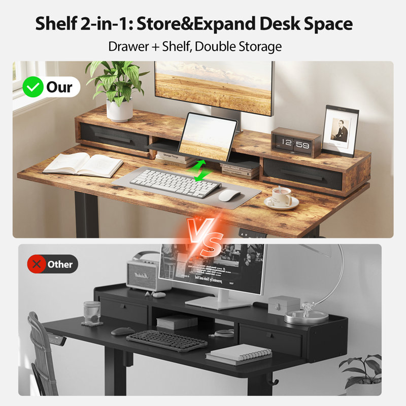 48" Electric Standing Desk With Drawers, Height Adjustable Desk With Retractable Storage Shelf, Stand Up Home Office Computer Table